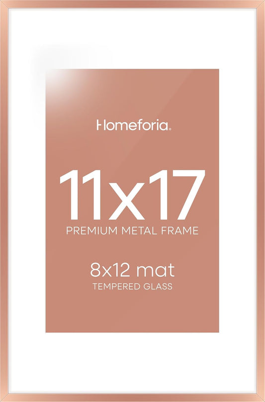Homeforia 11x17 Picture Frame Rose Gold, High End Metal 11x17 Poster Frames with Mat 8x12 Photo, 11 x 17 Rose Gold Frames Matted to 8 by 12 Print, 17x11 Thin Frames, Tempered Glass, Wall Kit, Set of 1