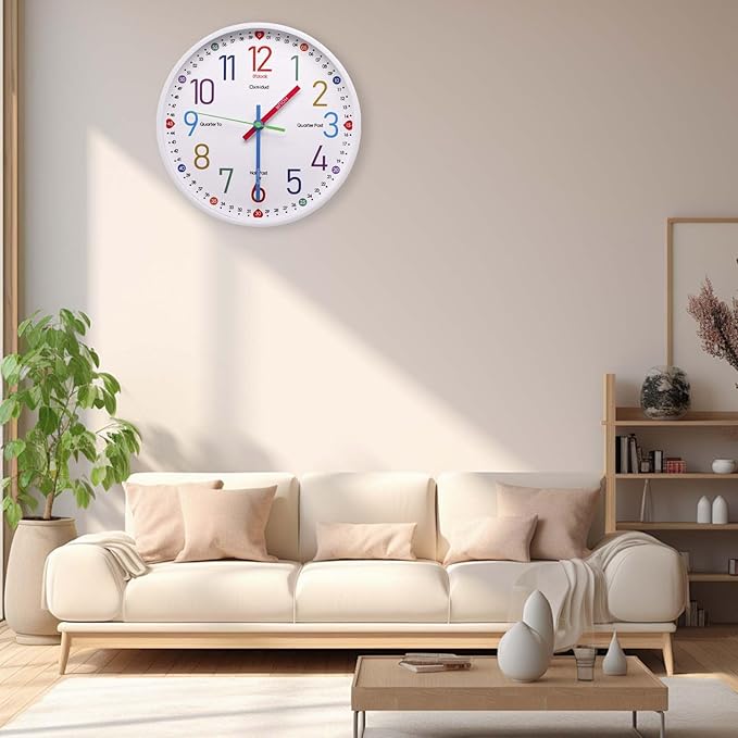 Learning Clock for Kids,10'' Silent Non-Ticking Teaching to Tell Time Colorful Wall Clocks for Children's Room Bedroom Classroom Home Decor, Gifts for Christmas Birthday (White)