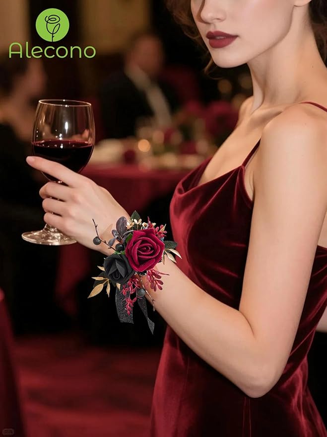 Alecono Set of 2 Wrist Corsage for Wedding, Burgundy and Black Corsages for Bride Bridesmaid, Artificial Flowers for Prom Graduation Ceremony Anniversary