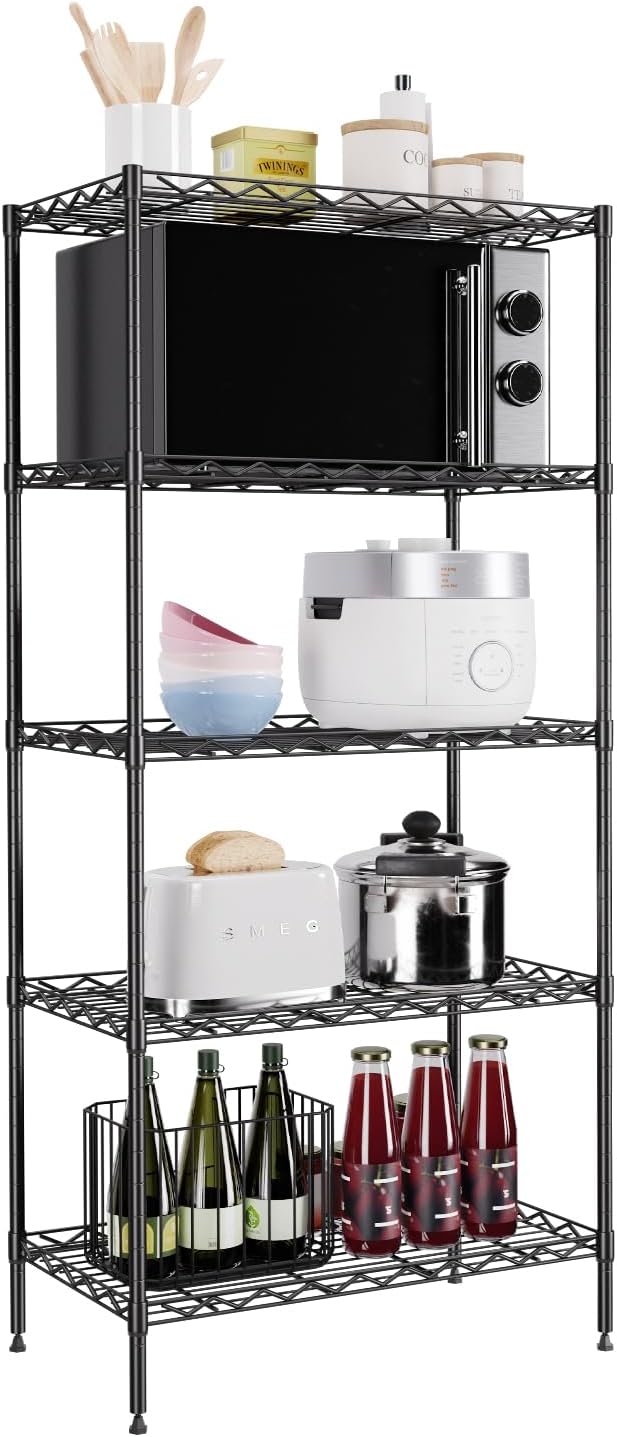 PayLessHere | 5-Tier Wire Shelf | 21"x11"x48" | Black | Adjustable Racks | Heavy-Duty Storage Shelves, Holds Upto 750 lbs | Rust-Resistant, No-Tool Assembly | for Home, Garage Shelving
