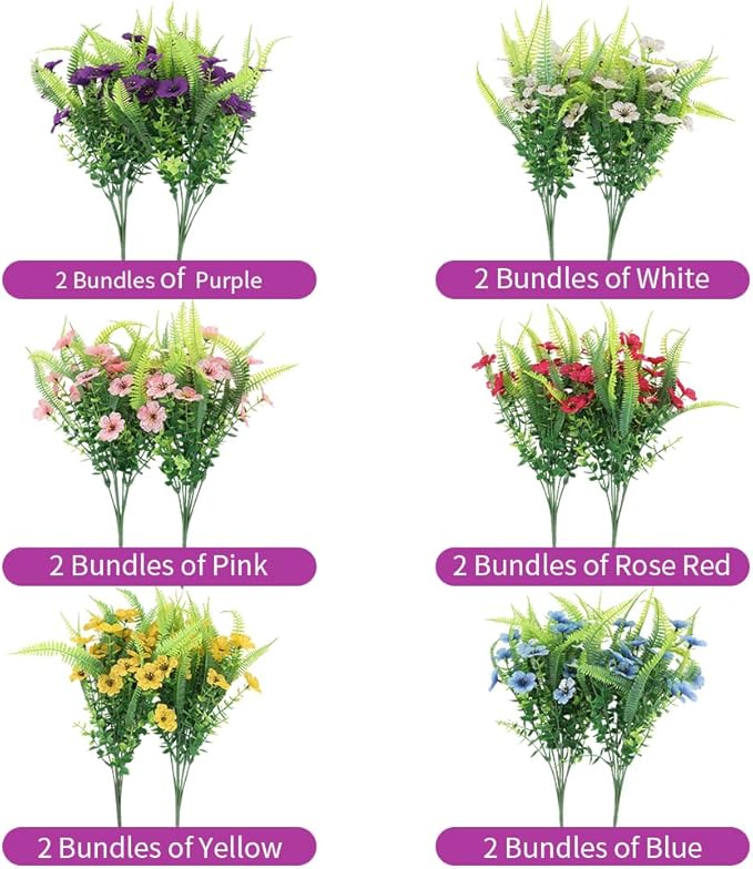 ZEOSTARO Artificial Outdoor Plants 12 Bundles Fake Boston Fern with Eucalyptus Flowers Faux UV Resistant Greenery Garden Window Box Porch Farmhouse Hanging Decor(Mix Flowers&Fern)