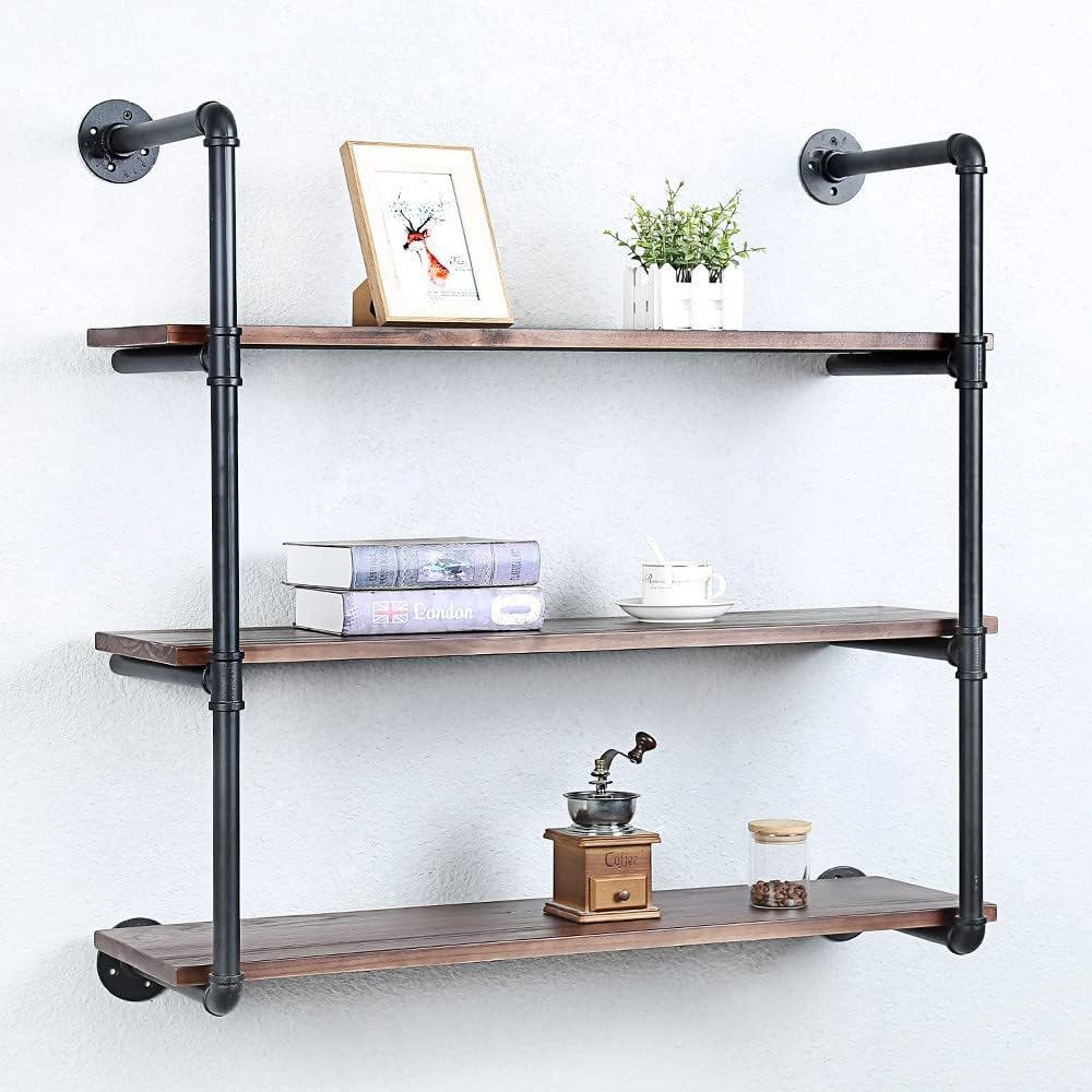 Industrial Pipe Shelving Wall Mounted,36in Rustic Metal Floating Shelves,Steampunk Real Wood Book Shelves,Wall Shelf Unit Bookshelf Hanging Wall Shelves,Farmhouse Kitchen Bar Shelving(3 Tier)