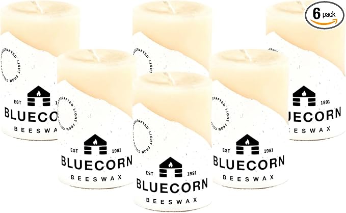 Bluecorn Beeswax 100% Pure Beeswax Pillar Candles | Ivory White 2x3 Pillar Candle Set | Non Toxic, Unscented, Clean Burning | Cotton Wick, Dripless, 25 Hr Long Burning | Handmade in USA | 6 Pack