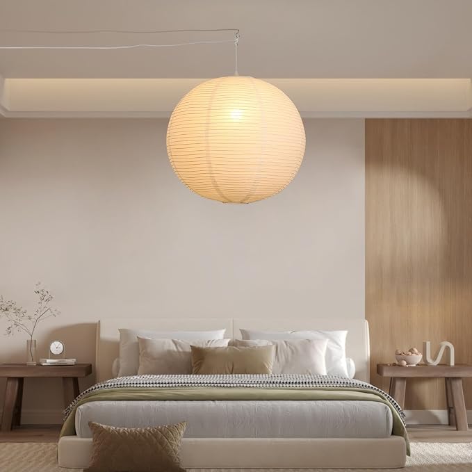 Paper Lantern Lamp Plug in Hanging Lamp 23.6in White Rice Paper Pendant Light with 19.7FT Cord Large Globe Japanese Japandi Wabi Sabi Chandelier for Dining Living Room Bedroom Office 2 Pack