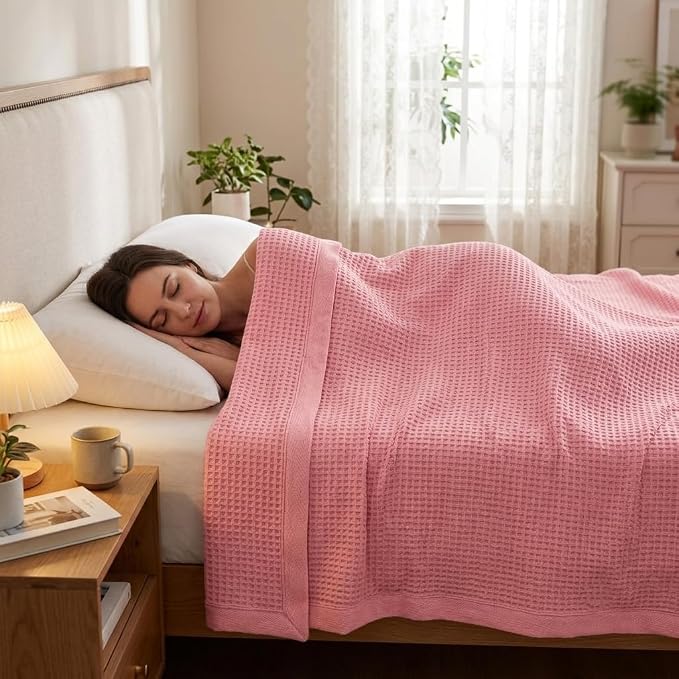 TreeWool Premium 100% Cotton Waffle Queen Blanket (90"x90", Soft Pink) | Breathable Lightweight Moisture Wicking Soft Knit Thermal Blanket for Summer, Bed or Sofa All-season Comfort Machine Washable