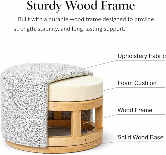 Spatial Order 22" Round Ottoman with Wooden Base - Cream Boucle with Gray Yarns