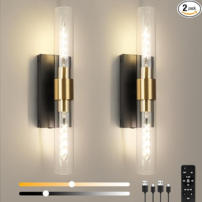 Wall Sconce Set of Two, Battery Operated Wall Sconce, Rechargeable Wall Lamp with Remote, Indoor Non-Hardwired Wall Sconces, Modern Vanity Light for Bedroom, Hallway, Aisle