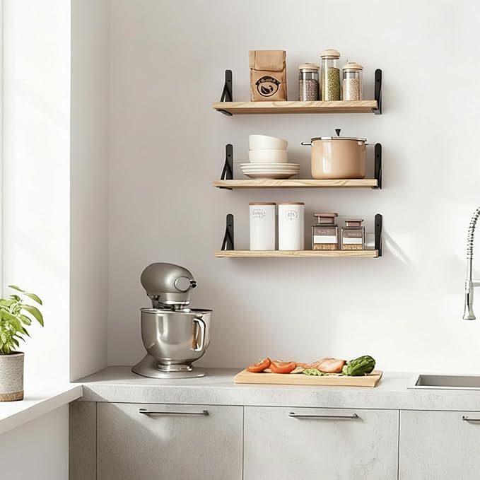 Fixwal Floating Shelves for Wall, Wood Wall Mounted Shelves for Bedroom, Bathroom, Living Room, Kitchen Storage and Decor(Rustic Brown, Set of 3, 16.5 Inch)
