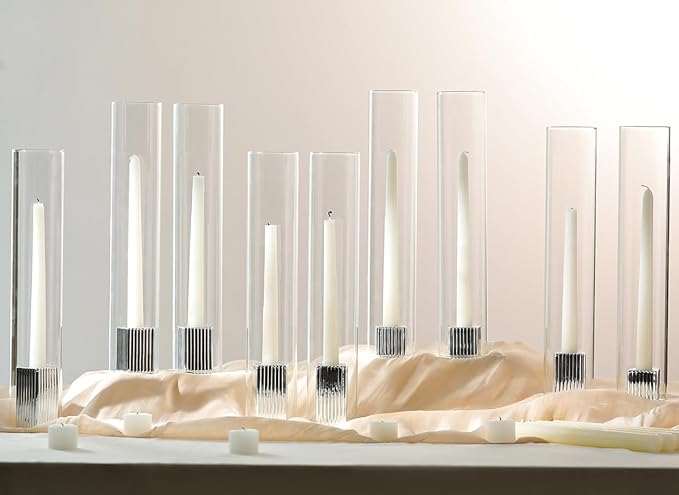 LETINE Hurricane Candle Holders with Silver Ribbed Taper Candle Holders Set of 9 (14")– Bulk Windproof Taper Candle Hurricane Glass for Outdoor&Indoors Wedding Centerpiece, Event & Home Decor