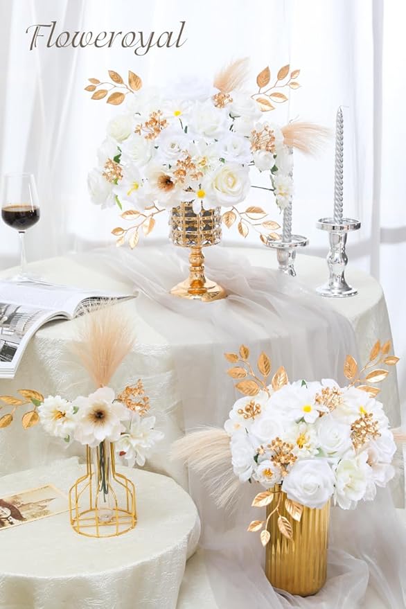 Floweroyal Artificial Flowers Combo Pure White Flowers Mix Silk Flowers Fake Roses with Stems for DIY Wedding Bridal Bouquets, Baby Shower, Floral Arrangement, Table Centerpieces, Home Decorations.