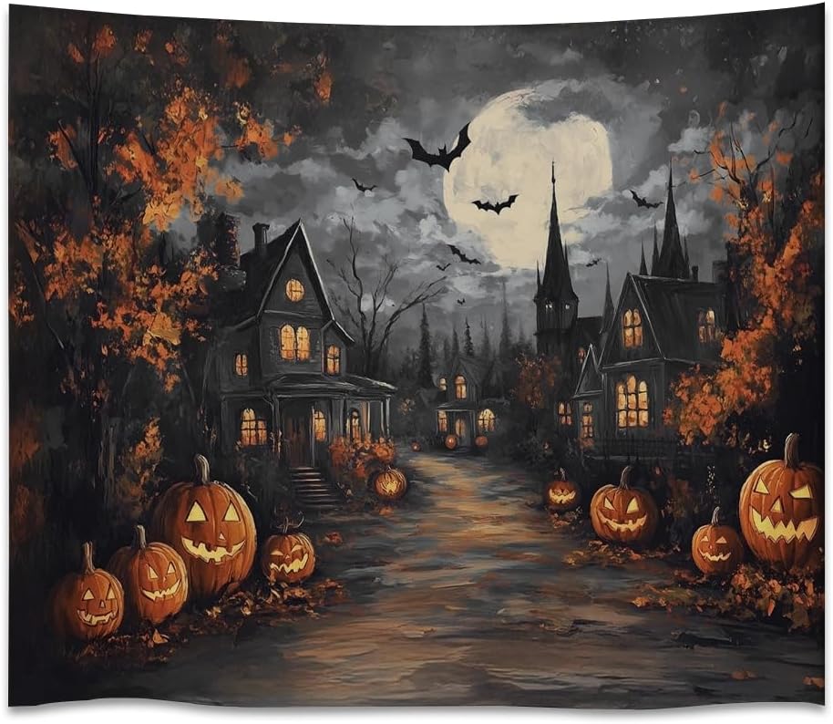 Spooky Halloween Tapestry Haunted Home Bats Pumpkin Tapestry Wall Hanging Dark Academia Fall Full Moon Decor Gothic Ghost Tapestries for bedroom Living Room Decoration 70x90inch