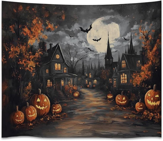 Spooky Halloween Tapestry Haunted Home Bats Pumpkin Tapestry Wall Hanging Dark Academia Fall Full Moon Decor Gothic Ghost Tapestries for bedroom Living Room Decoration 40x60inch