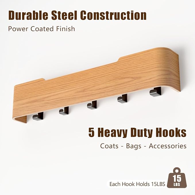 Coat Rack Wall Mount with Hidden Hooks, Wall Hooks with Shelf, Wall Key Holder Mount Wooden Shelf Entryway Hooks for Bedroom Bathroom for Hanging Coats Hats Bags Towels (Oak, 5 Hooks)