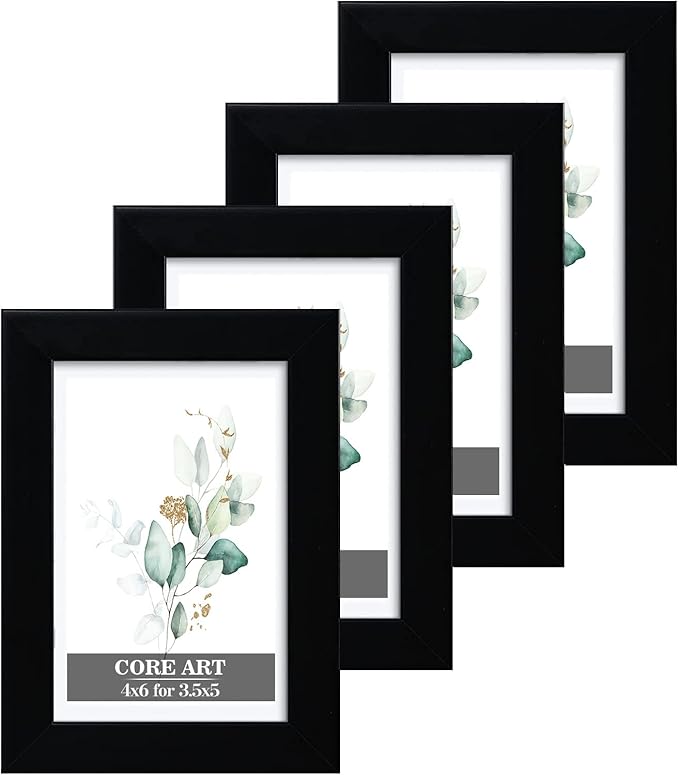 CORE ART 4x6 Black Picture Frame Set of 4,Display Pictures 3.5x5 with Mat or 4 x 6 without Mat,Multi Photo Frames Collage for Wall or Tabletop Display