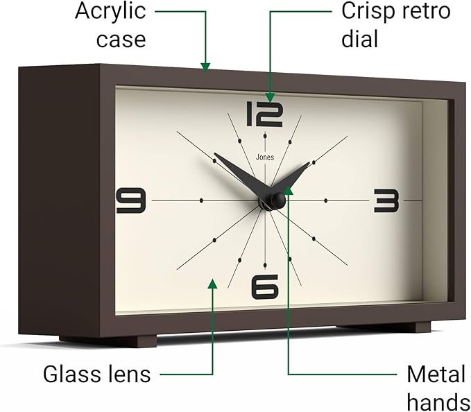 JONES CLOCKS® 'Odeon' Desk Clock | Modern Rectangular Design in Brown, Stylish Retro Look for Shelf, Table, Mantel or Bedside