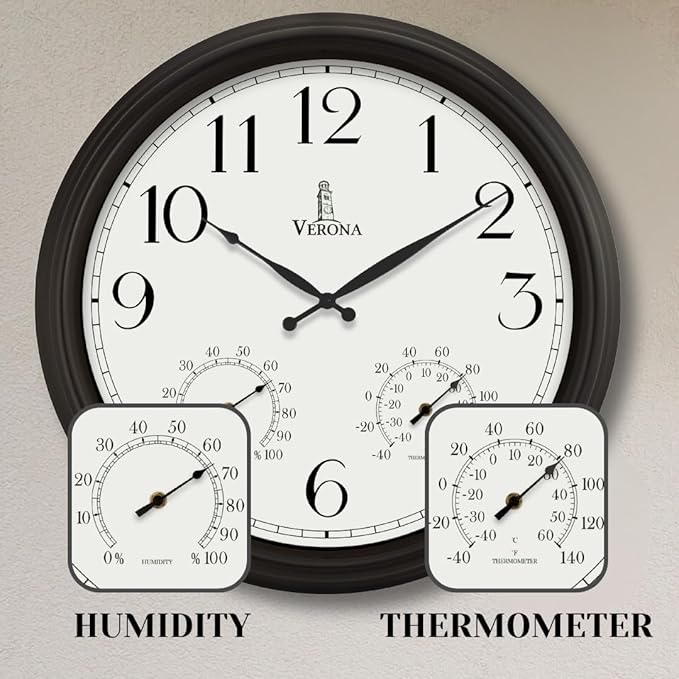 24 inch Outdoor Clocks for Patio Large Waterproof with Thermometer - Black Outdoor Wall Clock with Temperature and Humidity Combo - Weatherproof, Accurate & Easy to Read for Pool, Garden & Home Decor