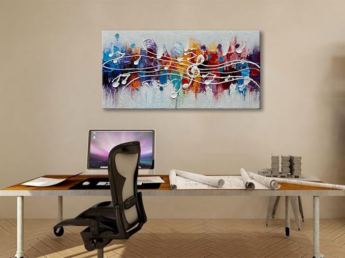 zoinart Colorful Music Symbol Oil Painting on Canvas, Abstract Art Thick Paint Texture Painting, Creative Pattern Wall Art, Modern Minimalist Living Room Deco