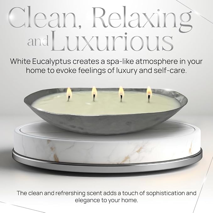 Dough Bowl Candle Co. Luxury Candle - Scented Luxury Candles for Home, 12x5x2 Inch Vessel for Women and Men, Fancy 4 Wick for All Occasions (Silver, White Eucalyptus)