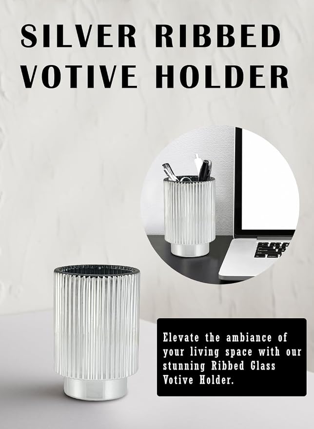 Serene Spaces Living Silver Ribbed Pedestal Glass Votive Holder, Table Centerpiece, Home, Office, Wedding, Birthday, Holiday & Special Events Decor, 3.5" Diameter & 5" Tall