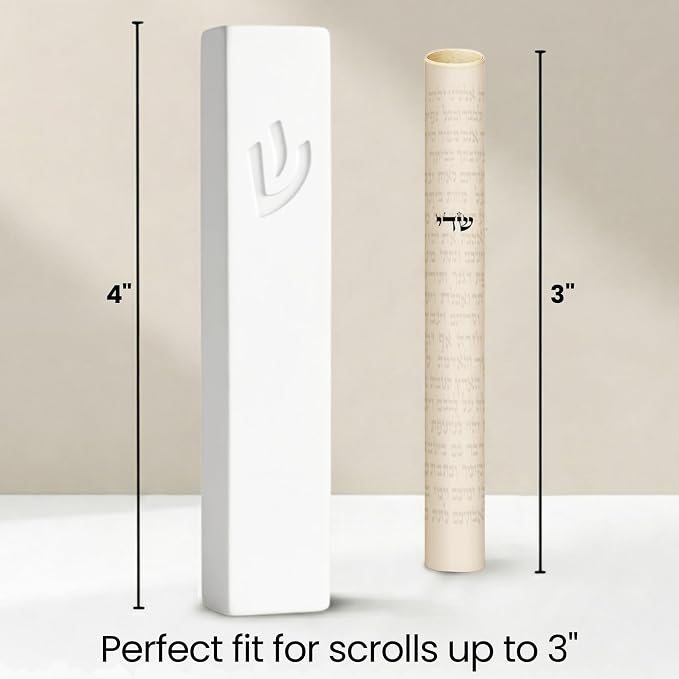 SURI Mezuzah for Door – 4 Inch White Concrete Mezuzah Case with Non Kosher Scroll, Self-Stick Jewish Entry Design, Fits a 3 Inch Scroll, Gift Box Included