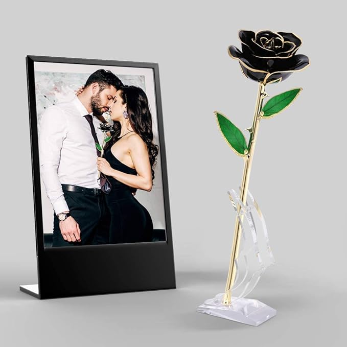 24K Gold Dipped Black Rose Long Stem Forever Preserved Rose Flowers, Christmas Day Valentine's Day Anniversary Birthday for Her Women Wife Mother Girlfriend, Black Rose with Stand