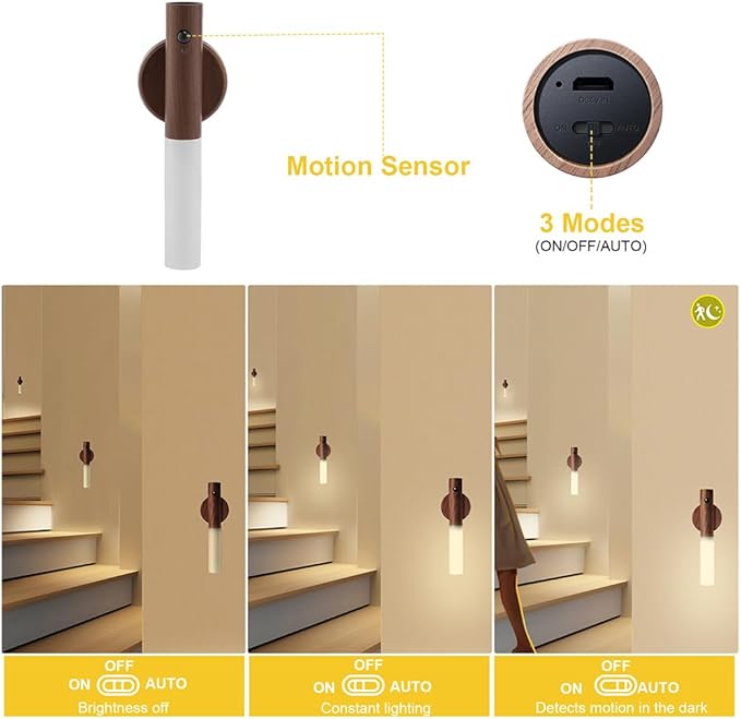 LANDGOO Wooden Motion Sensor Lights Indoor, Magnet Body Hallway Rechargeable LED Wireless Battery Operated Wall Sconce, Portable Decor Torch Night Lighting for Bedroom (Walnut Wood 1Pcs)