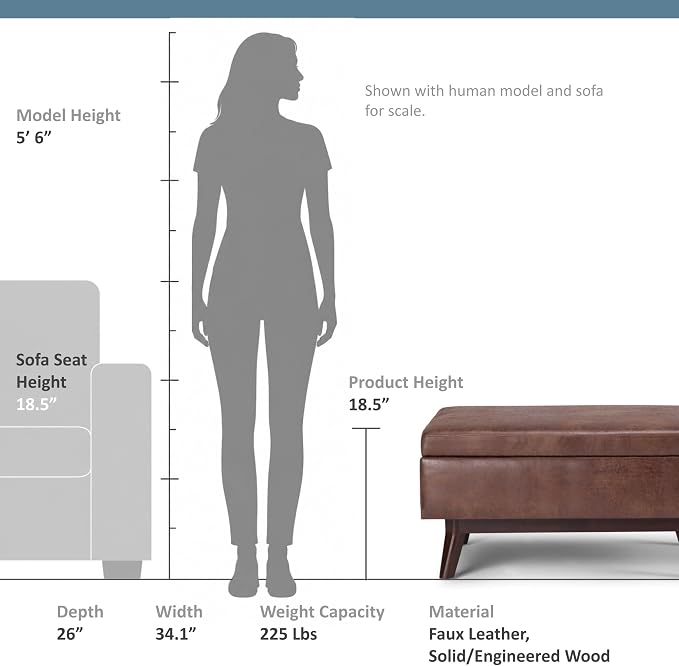 SIMPLIHOME Owen Coffee Table Storage Ottoman - 34" Wide x 19" High Upholstered Vegan Leather Rectangular Lift-Top Ottoman in Distressed Saddle Brown, Mid-Century Modern Bench with Tapered Legs