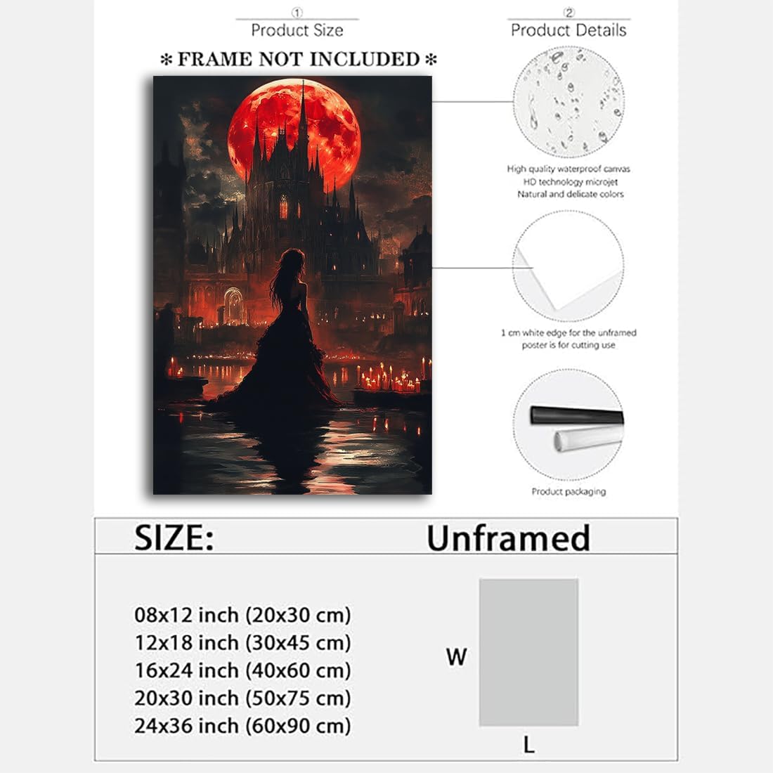 Halloween Witch Poster Canvas Prints Art Vintage Decor,Red Castle Blood Moon and Witch Scene Gothic Painting,Rustic Dark Academia Wall Art for Bathroom Spooky Living Room Wall Decor,20"x30" Unframed