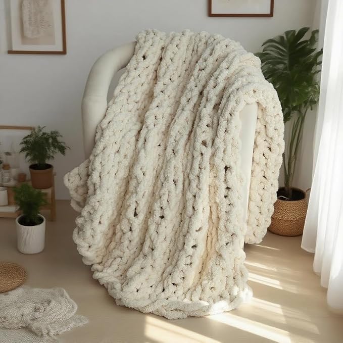 Handmade Chunky Knit Blanket, Cosy Chenille Throw (Light Taupe, Throw (50" x 60"))