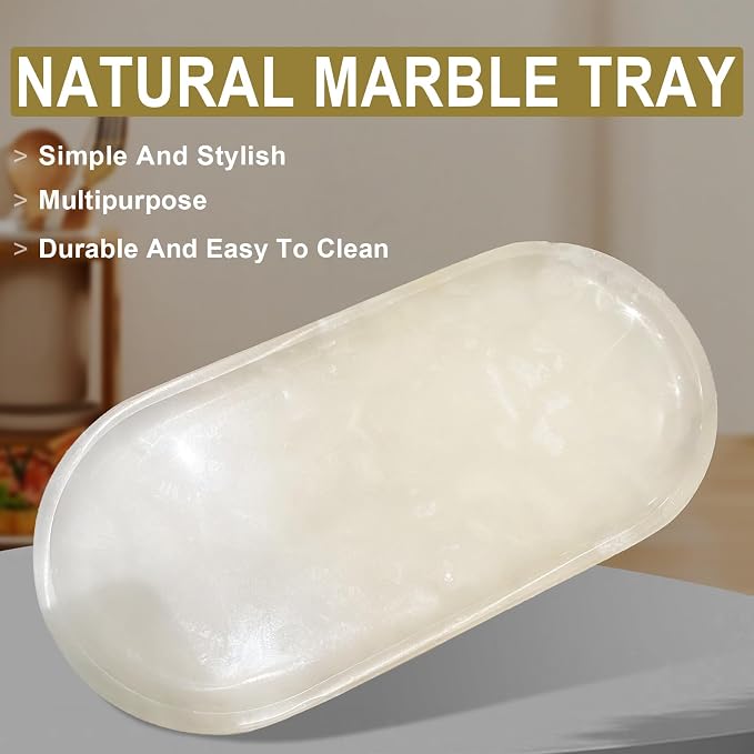 Marble Tray for Kitchen Counter & Bathroom Countertop,Stone Vanity Tray for Dresser Decor,Small Storage Tray for Perfumes, Jewelry,Candles,Durable & Waterproof (Transparent White)