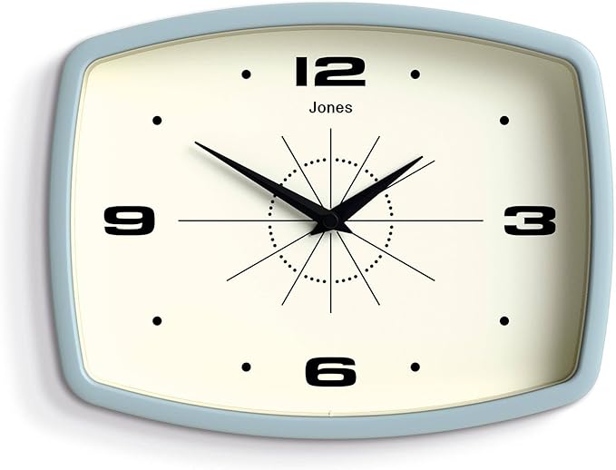 JONES CLOCKS® Movie wall Clock | Retro Rectangular Clock | 10 inch | Pale Blue | Cool mid-Century Designer Look for Kitchen, Living Room or Office