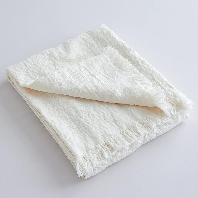 100% Linen Throw Blanket with Fringe for Couch/Bed/Sofa/Gift, Natural Washed Flax Solid Color Soft Breathable Cozy Farmhouse Boho Home Décor - White, 55"x75"