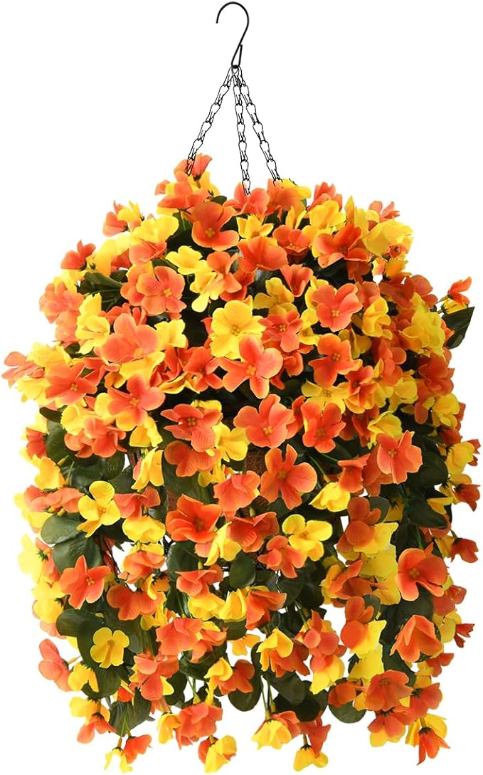 INQCMY Artificial Hanging Flowers Basket for Spring Summer Outdoor Decor,Faux Silk Begonia in Planter Look Real UV Resistant for Porch Home Patio Garden Yard Decoration