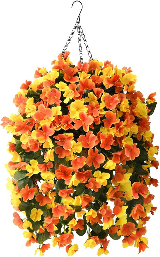 INQCMY Artificial Hanging Flowers Basket for Spring Summer Outdoor Decor,Faux Silk Begonia in Planter Look Real UV Resistant for Porch Home Patio Garden Yard Decoration