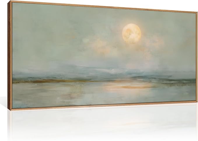 LHIUEM Large Abstract Moon Green Framed Canvas Wall Art Set,Minimalist Beige Gray Wall Decor, Nature Lake Landscape Art Painting for Living Room,Bedroom,Dining Room,Office - 20"x40"x1
