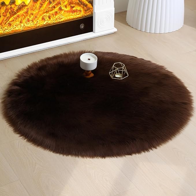 Faux Fur Sheepskin Rug Super Soft Fluffy Plush Area Rug Bedroom Floor Children's Room Sofa Cushion Living Room Runners Bedside Rugs (Coffee, 3×3 ft Rotund), 33KFYX