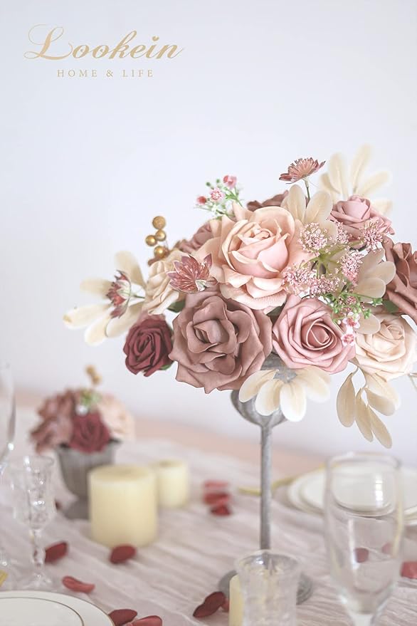 Lookein Artificial Flowers for DIY Wedding Decoration Bridal Bouquet Table Centerpieces Flower Wreaths Aisle Flowers Home Decor, Belle Dusty Rose