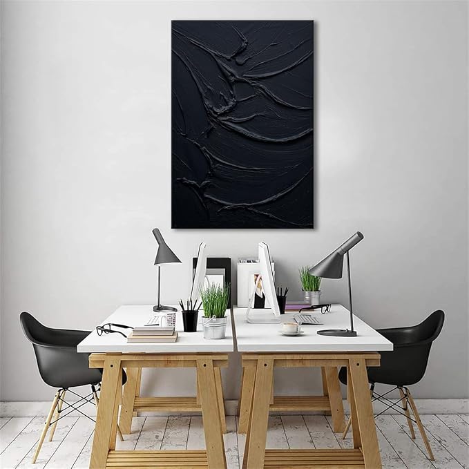 zoinart Hand Painted Thick Texture Black Minimalist Vertical Wall Art 24x36 Inches Black Oil Painting Contemporary Art Oil on Canvas Home Office Corridor Wall Art