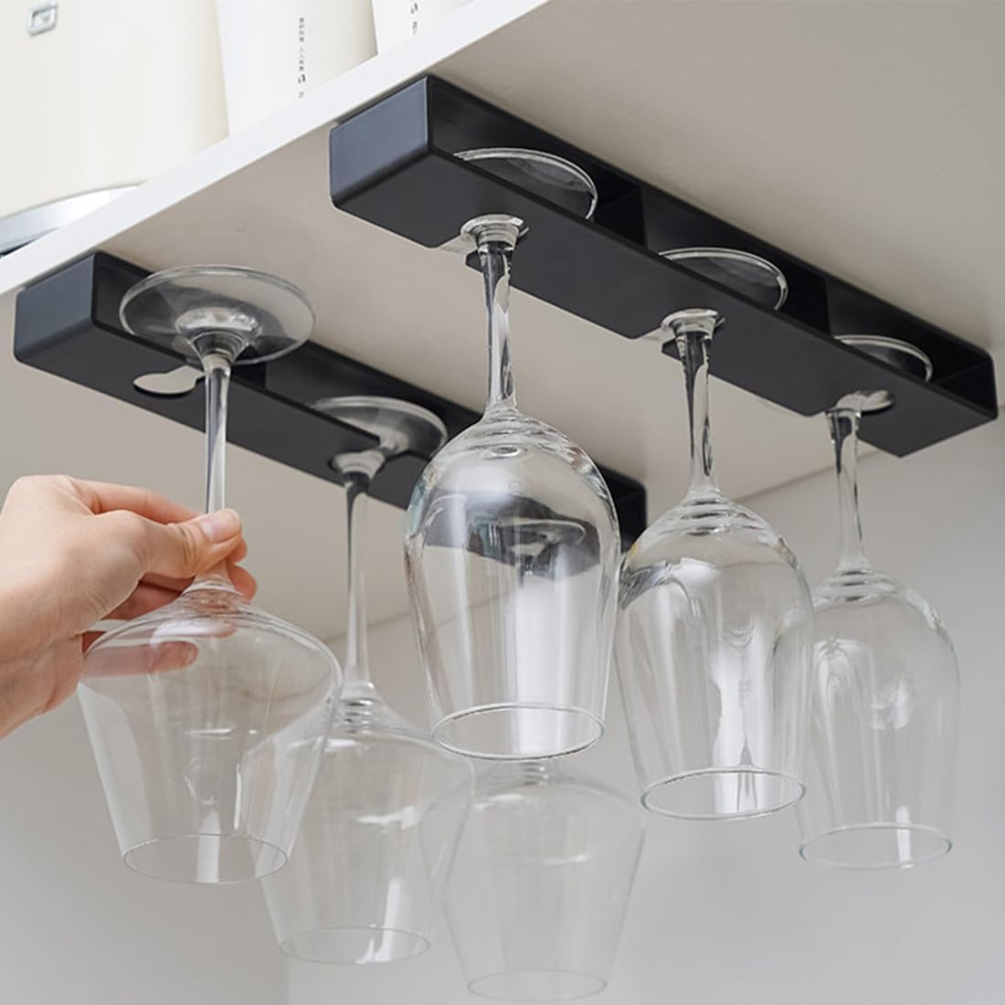 2Pack Wine Glass Holder Under Cabinet Shelf,Plastic Wine Glass Rack Stemware Drying Storage Hanger for Kitchen,Bar and Restaurant(Black)