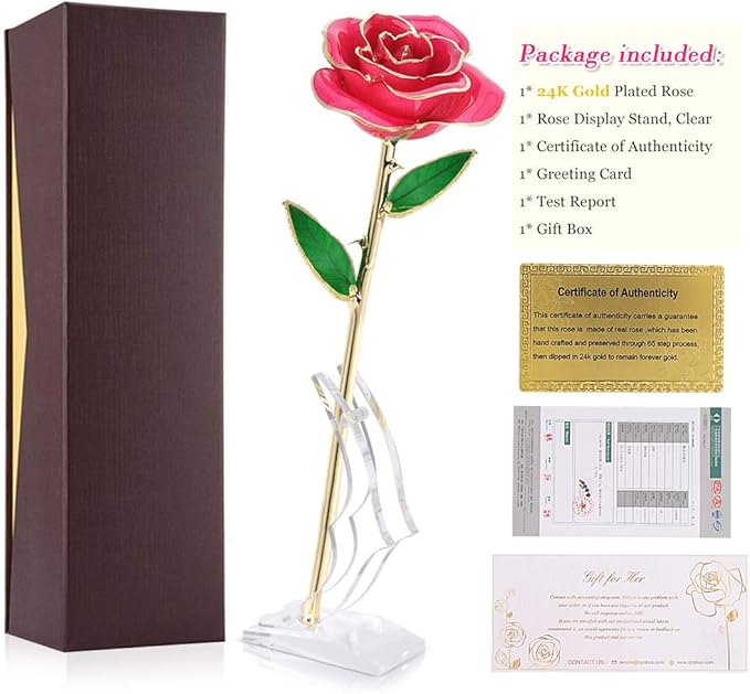 Gold Plated Rose, 24K Gold Dipped Real Rose Flower Gift for Lover Mom Wife Daughter Girl Friend, Present on Christmas, Mother's Day, Wedding Anniversary, Birthday, Proposal, Reward (Pink with Stand)