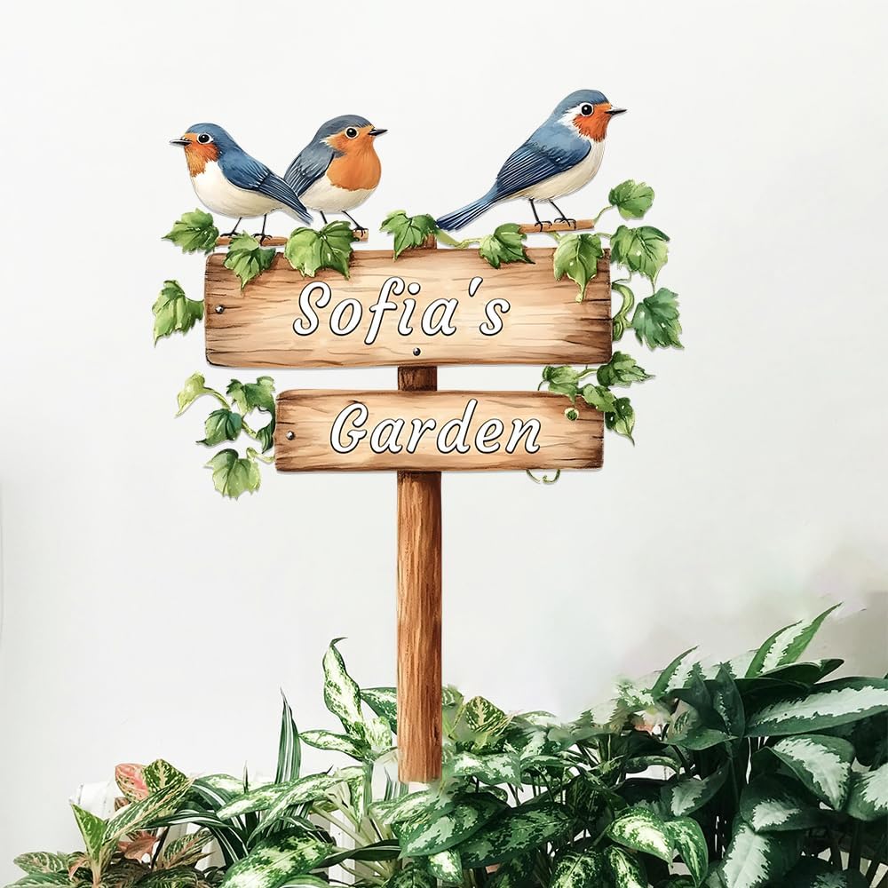 Personalized Bird Metal Sign with Stake,Custom Gardener Last Name Signs Outdoor Decor,Customized Flower Gardening Housewarming Gifts,Birds on the Branch Plaques for Patio Lawn Porch Backyard Farmhouse