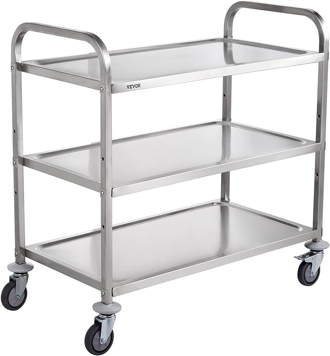 VEVOR Extra Large Utility Cart, 3 Tier Rolling Cart with Adjustable Shelf, Stainless Steel Kitchen Serving Cart with Swivel Casters Brake Wheels, Metal Food Storage Service Trolley, 37"L x 20"D x 37"H