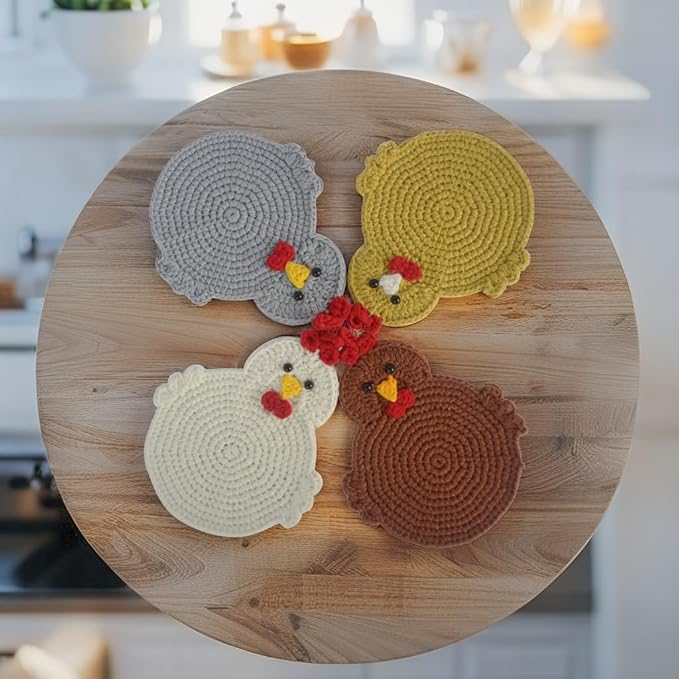Handmade Crochet Chicken Coasters Set of 4, Stuffed Animal-Themed Drink Coasters, Cute Desk Accessories, Home Decor, Tabletop Protection, Crazy Chicken Lady Must Have (Style 2)