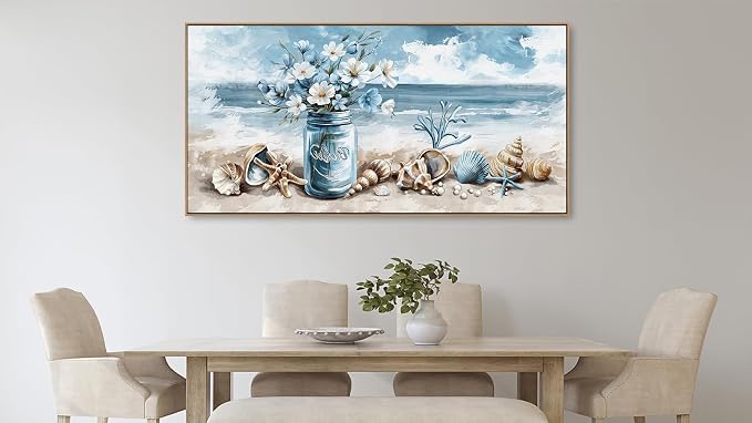 yearainn Coastal Framed Wall Art - Rustic Jar Flowers Canvas Pictures Wall Decor Seashells Seaside Painting Artwork Ocean Landscape Prints Living Room Office Home Decor Natural Wood Frame 40" x 20"