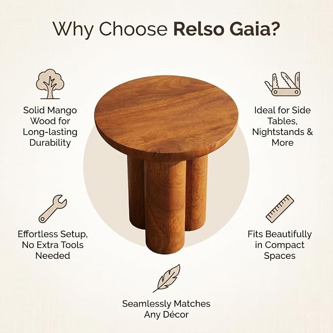 Relso Gaia Round End Table for Living Room and Farmhouse | Solid Mango Wood for Rustic Elegance | Ideal for Side Tables, Nightstands & More | Wood Side Table Round for Bedroom (Walnut)