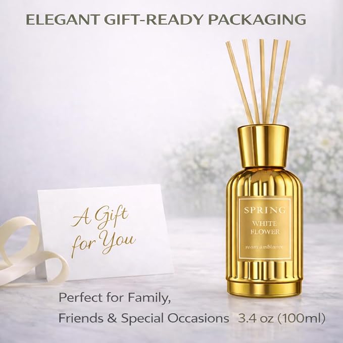 SPRING Reed Diffuser Set – Luxury Everyday Home Fragrance | Fragrance Made in France | White Flower Scent (Lily, Jasmine & Tuberose) | Alcohol-Free | 3.4 oz (100 ml)