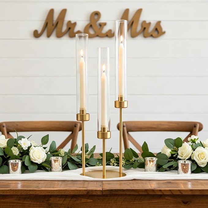 LETINE 3-Arm Gold Candelabra, Tall Candle Stick Holder 23.03",Candelabras with Glass Lampshade & Heavy Base - Ideal Candelabra Centerpieces for Indoor Outdoor Tables Wedding Party Decor (1 Pack)