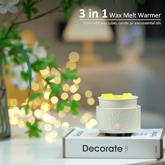 EQUSUPRO Wax Melt Warmer for Scented Wax Melts 3-in-1 Electric Ceramic Candle Wax Warmer Burner Fragrance Wax Melter for Home Office Bedroom Gift & Decor (Leaf)