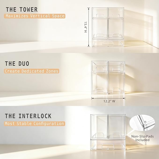 Baby Bottle Organizer, Large Capacity Stackable Acrylic Storage with Non-Slip Pads, for Baby Bottles, Pump Parts, Kitchen Countertop, Pantry, Vanity, 3-Piece