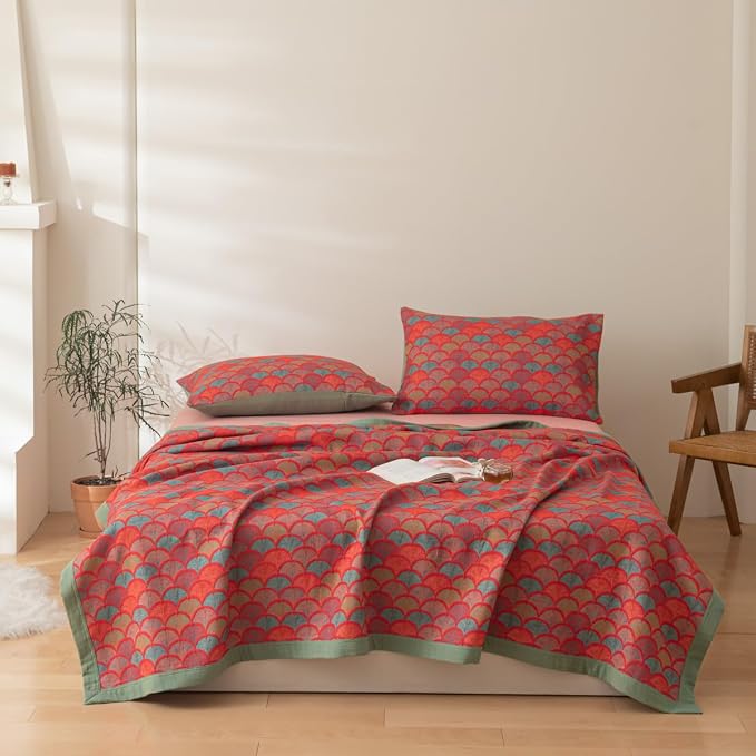 100% Cotton Muslin Blanket Jacquard Rustic Mermaid Fish Scales Print Quilt, Soft Bed Cover Reversible Bedspread Coverlet Breathable Lightweight Bedding Full/Queen(78"x94"), No Pillow Sham